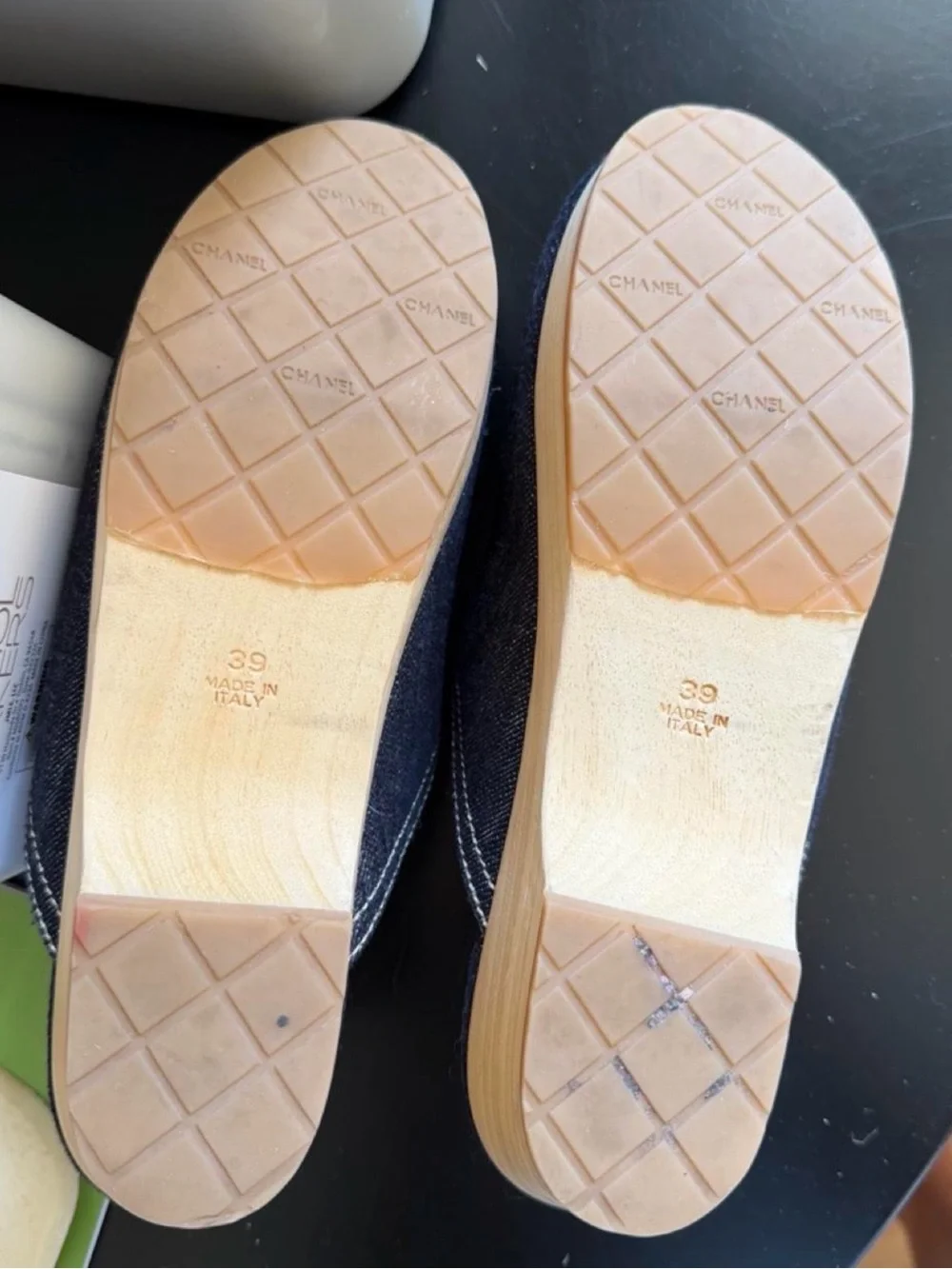 CHANEL Black Denim Logo Slip-On Mules